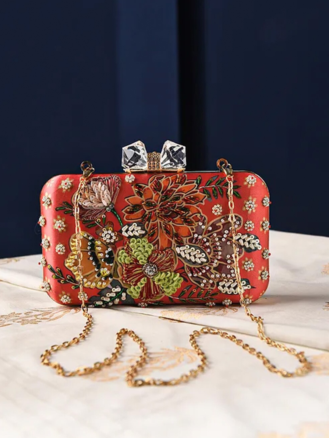 

Jalwa Art Embroidered Box Clutch, Red