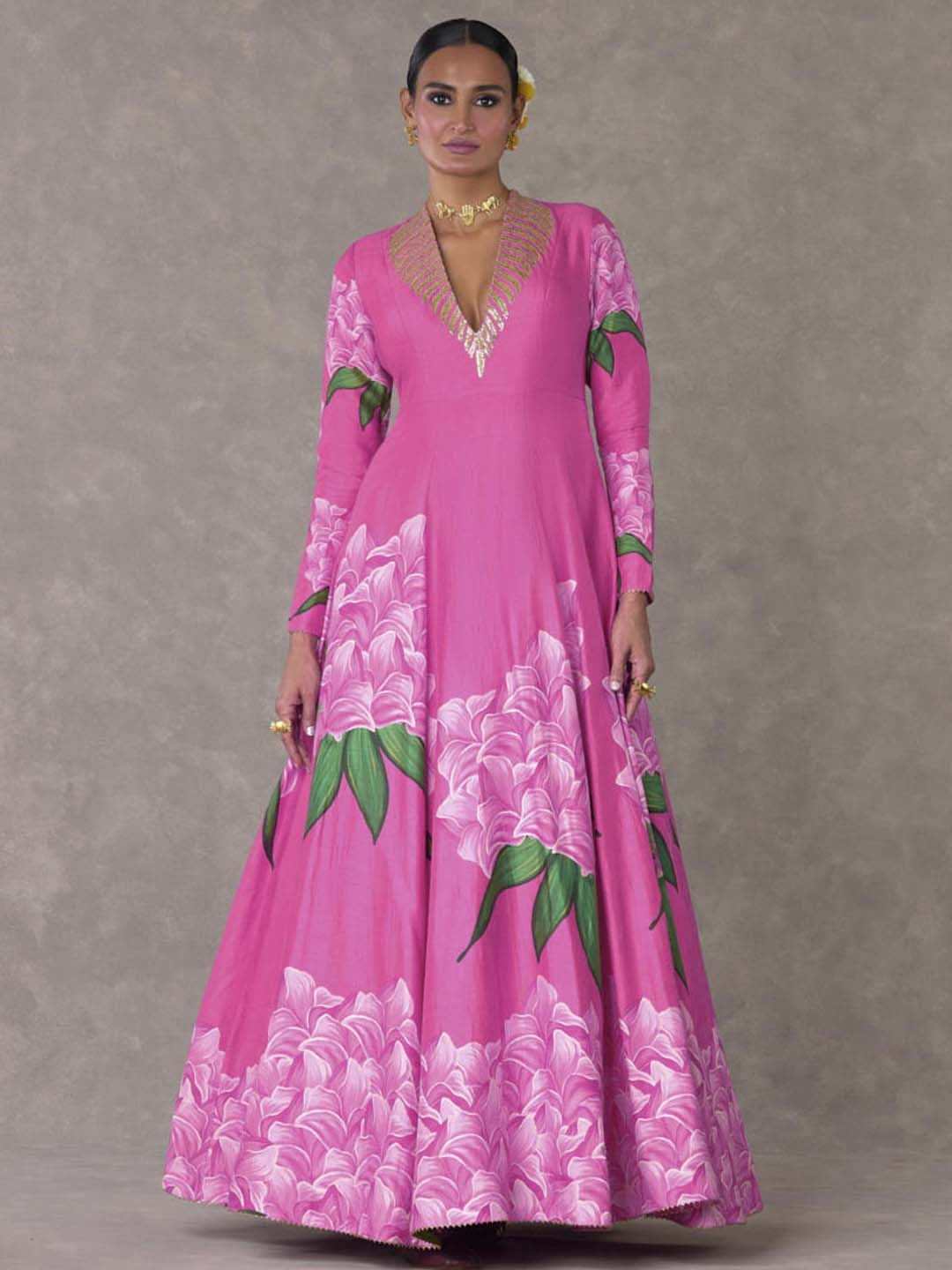 

Masaba Candy Swirl Floral Printed Long Sleeves Silk Ethnic Dress With Attached Can Can, Pink