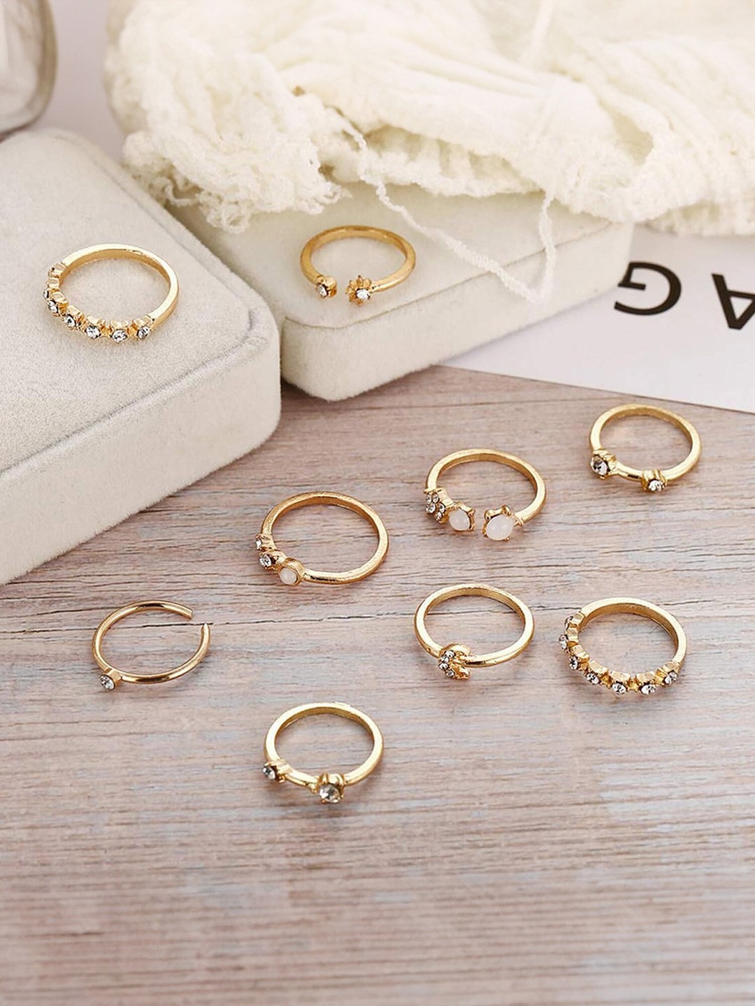 

Yellow Chimes Set of 9 Crystal Studded Ring, Gold