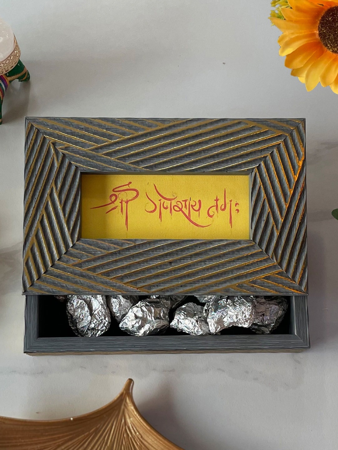 

Art Street Grey & Gold Toned Textured Diwali Festive Decorative Gifts Box
