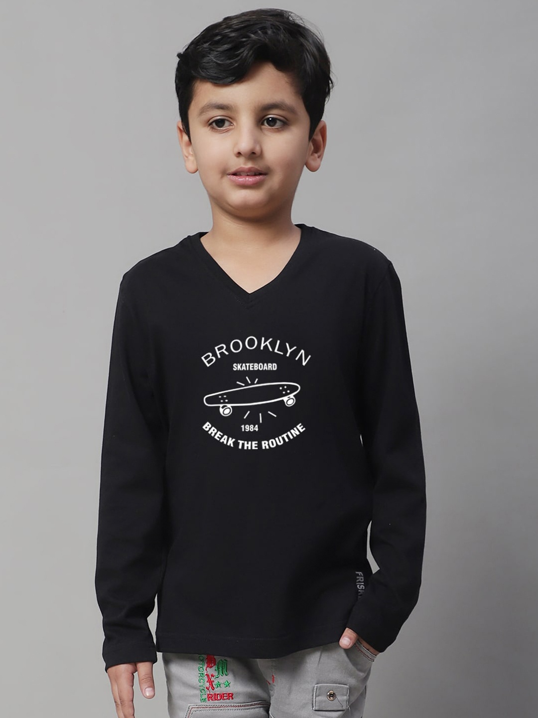 

Friskers Boys Black Typography Printed V-Neck T-shirt