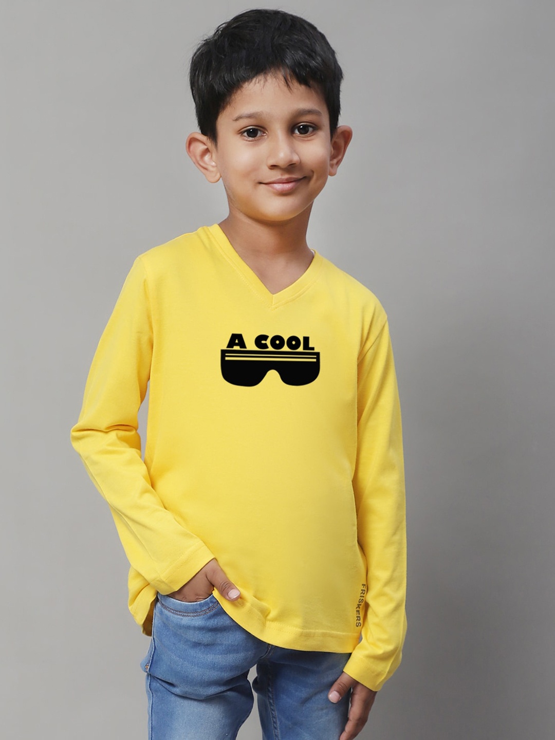 Friskers Boys Yellow Typography V-Neck Applique T-shirt