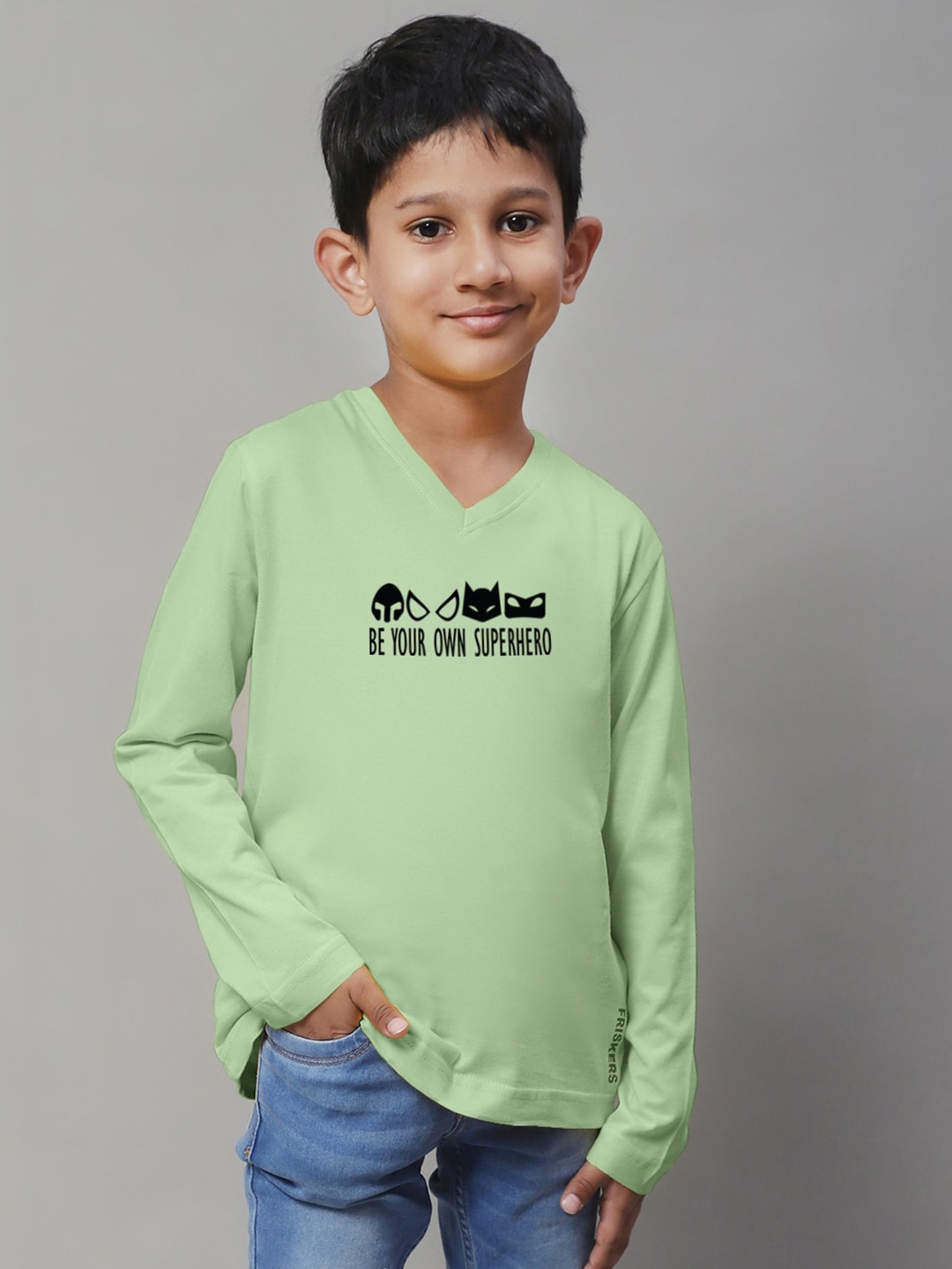 Friskers Boys Sea Green Typography Printed V-Neck Applique T-shirt