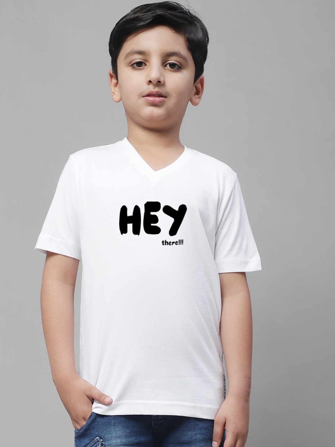 

Friskers Boys White Typography Printed V-Neck Applique T-shirt