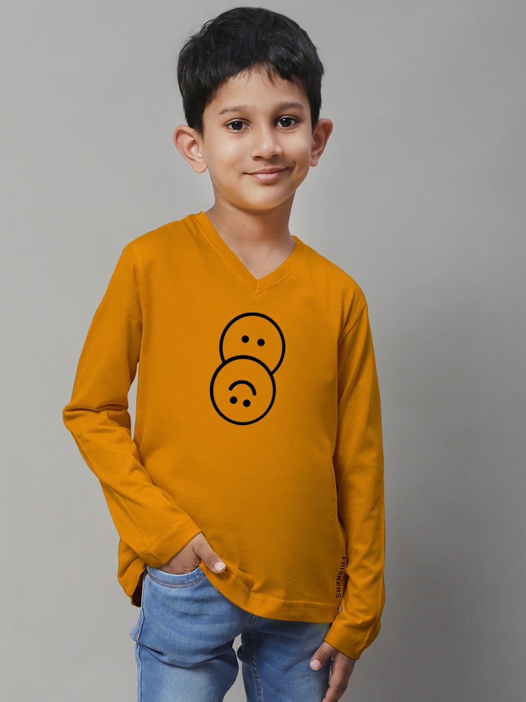 Friskers Boys Mustard Yellow Typography Printed V-Neck Applique T-shirt