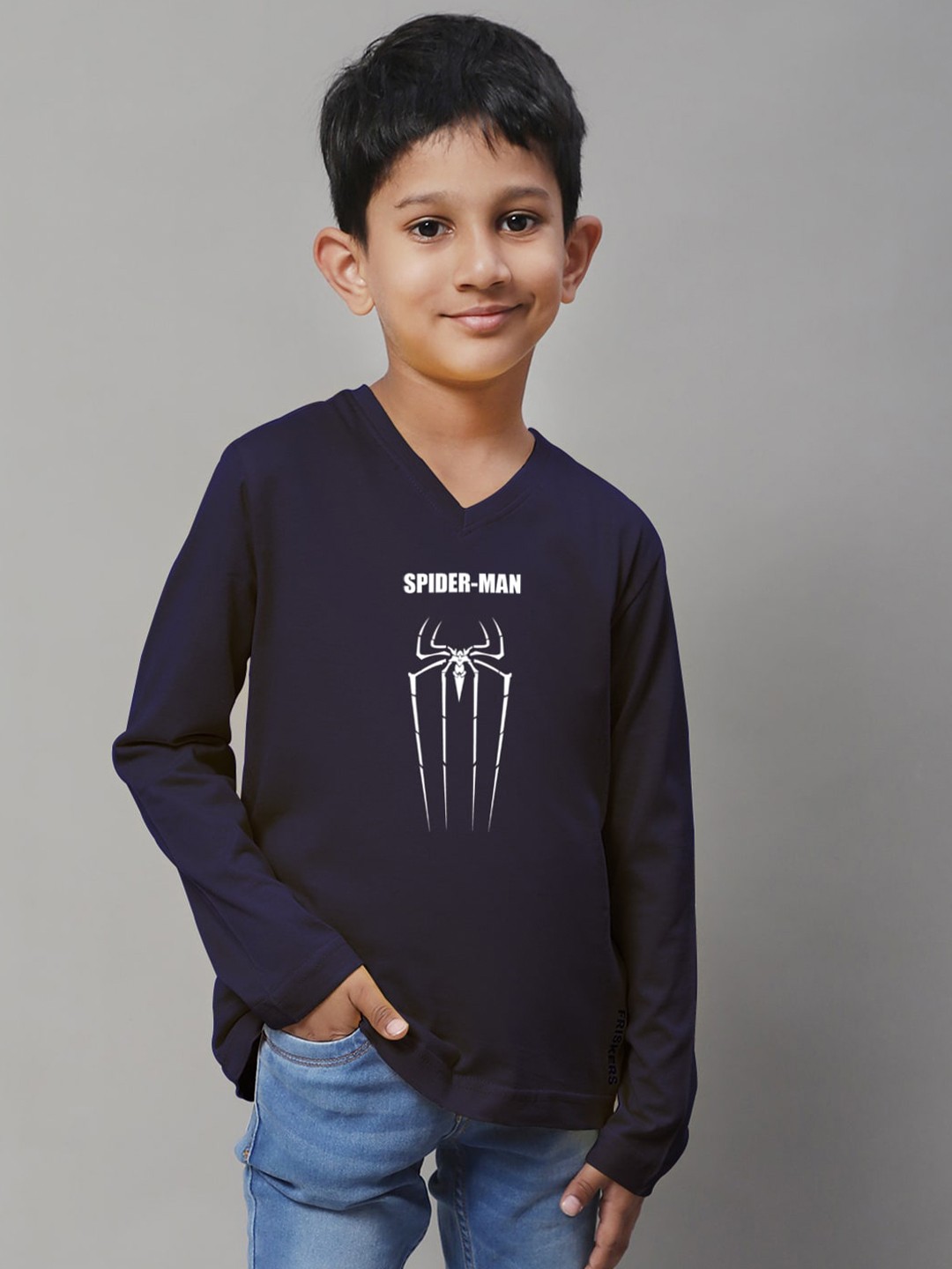 

Friskers Boys Navy Blue Typography Printed V-Neck Applique T-shirt