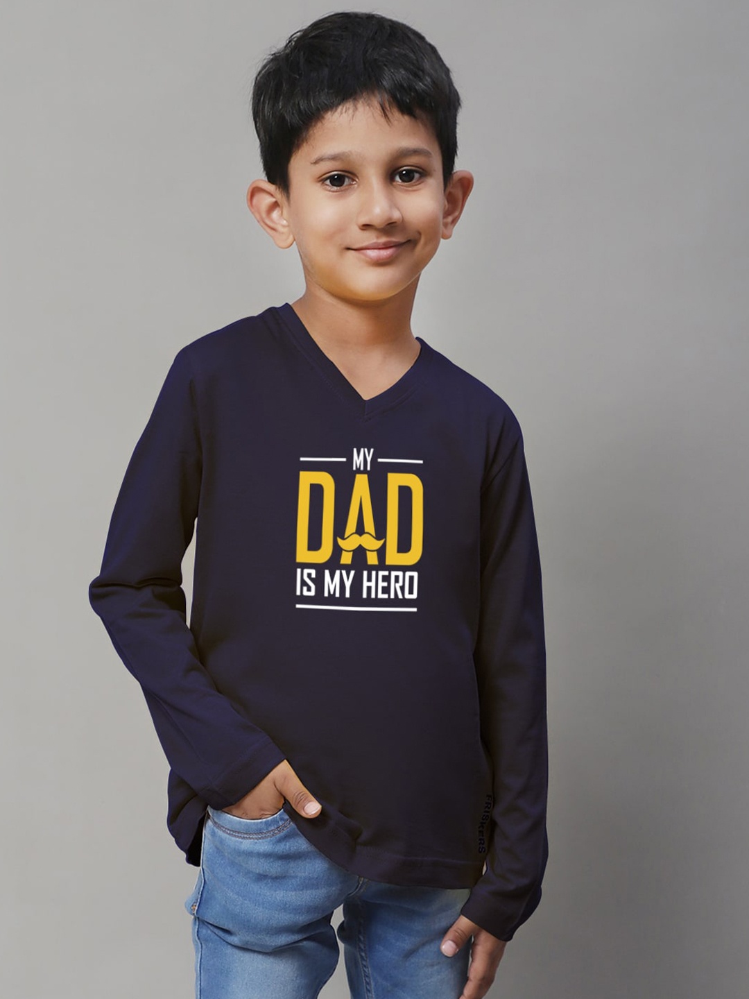 

Friskers Boys Navy Blue Typography Printed V-Neck Pockets T-shirt