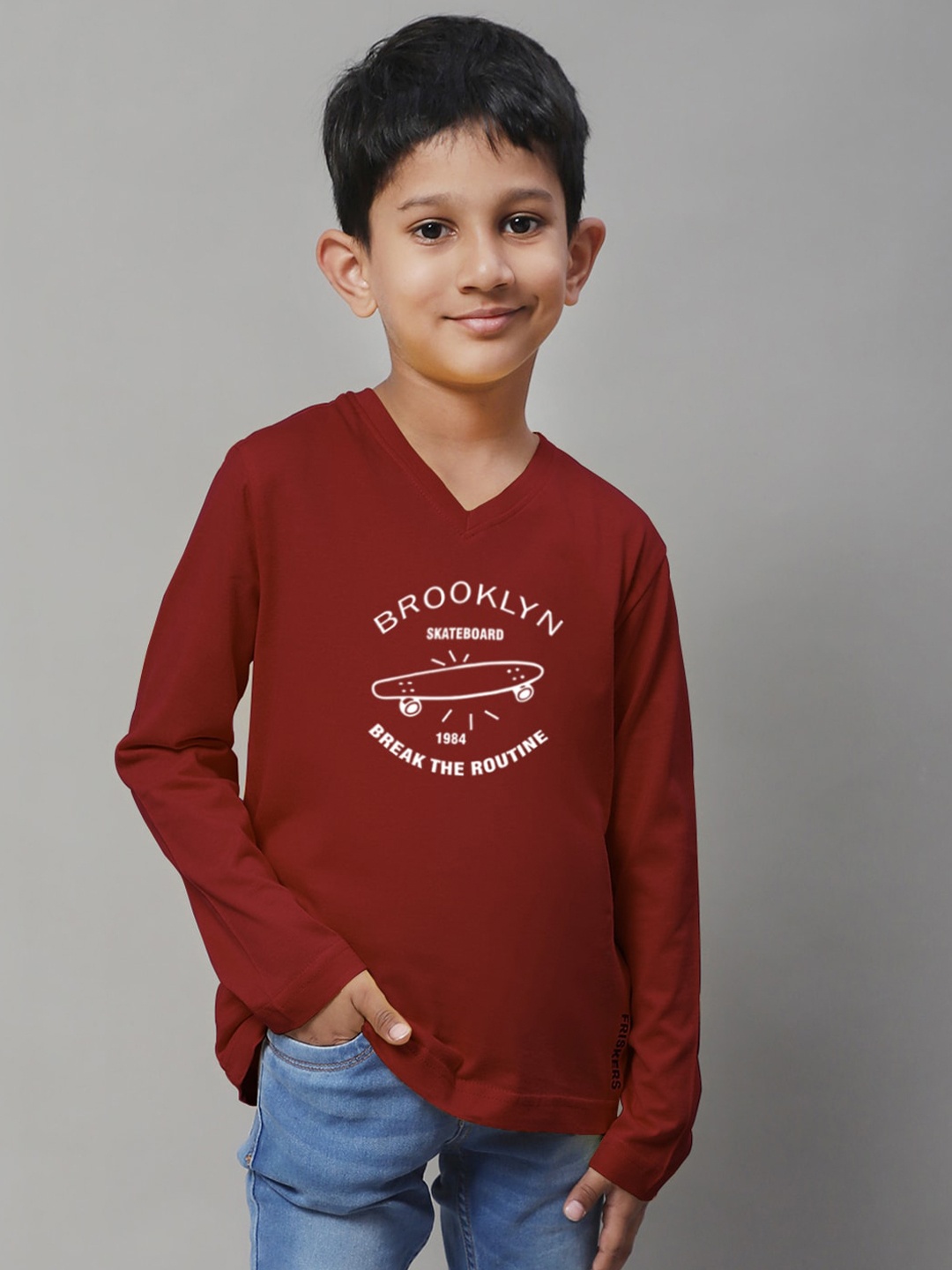 

Friskers Boys Maroon Typography Printed V-Neck T-shirt