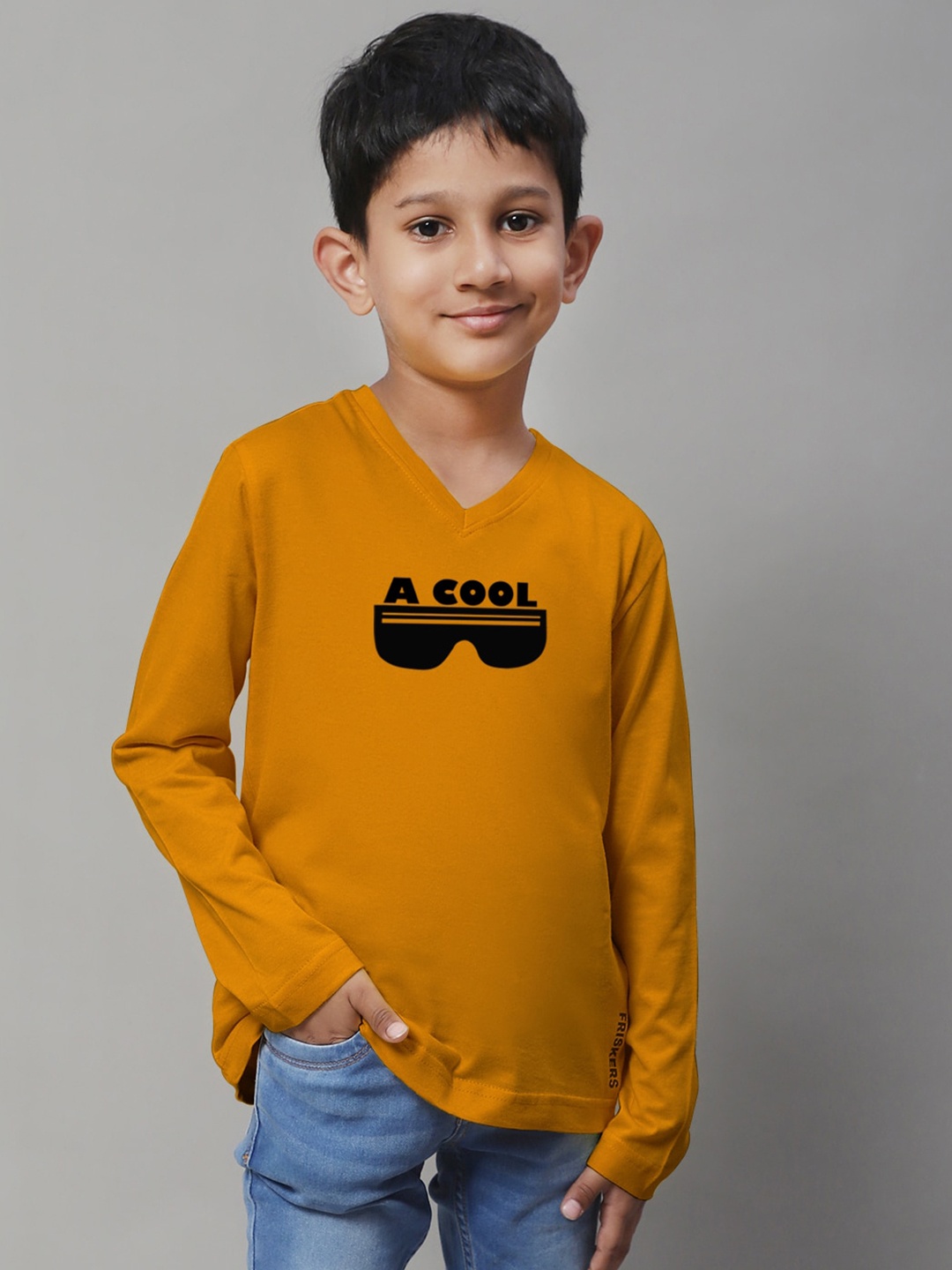 

Friskers Boys Mustard Yellow Typography Printed V-Neck Applique T-shirt