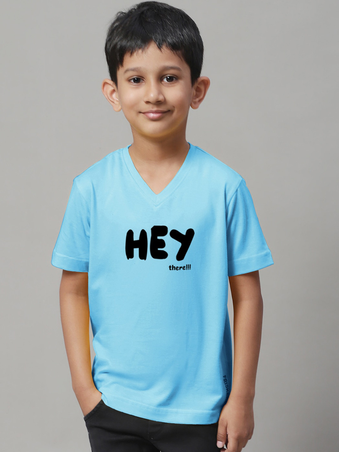 

Friskers Boys Turquoise Blue Typography Printed V-Neck Applique T-shirt