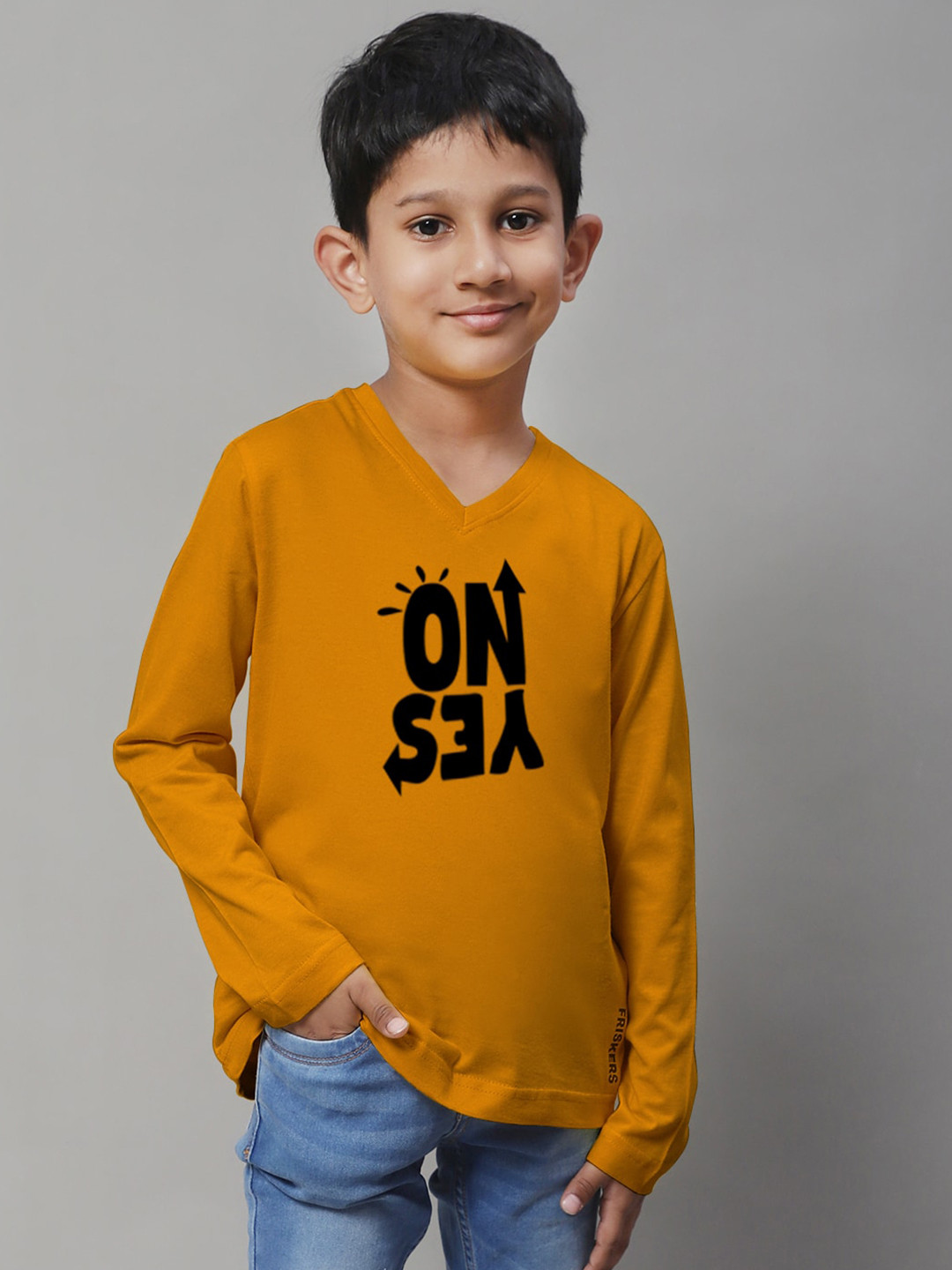 

Friskers Boys Mustard Yellow Typography Printed V-Neck Pockets T-shirt