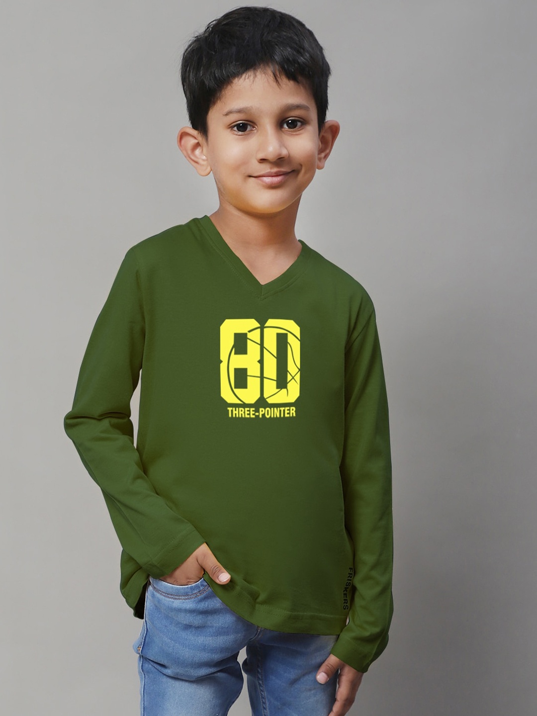 Friskers Boys Olive Green Typography Printed V-Neck Applique T-shirt