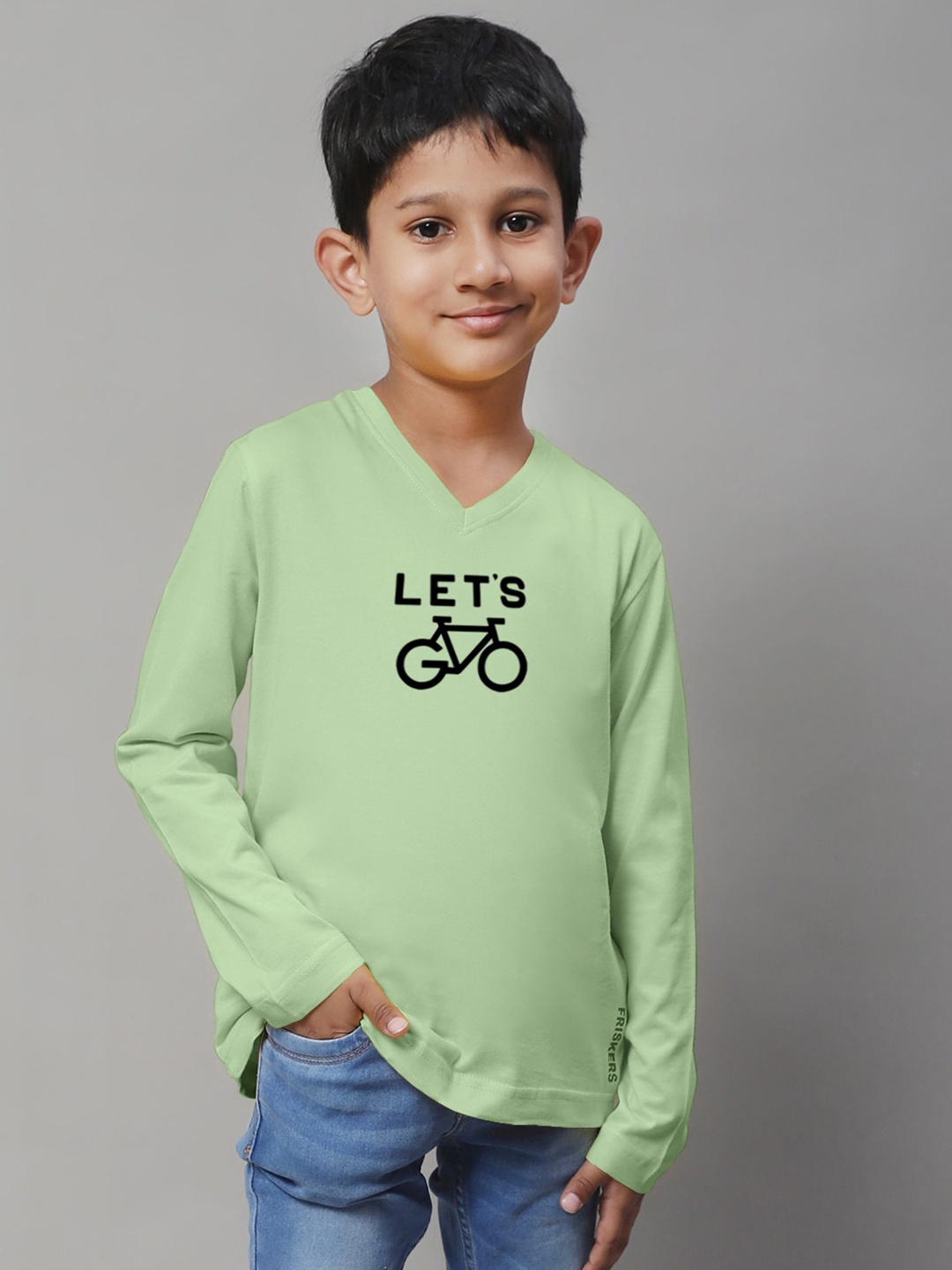 

Friskers Boys Sea Green Typography Printed V-Neck Applique T-shirt
