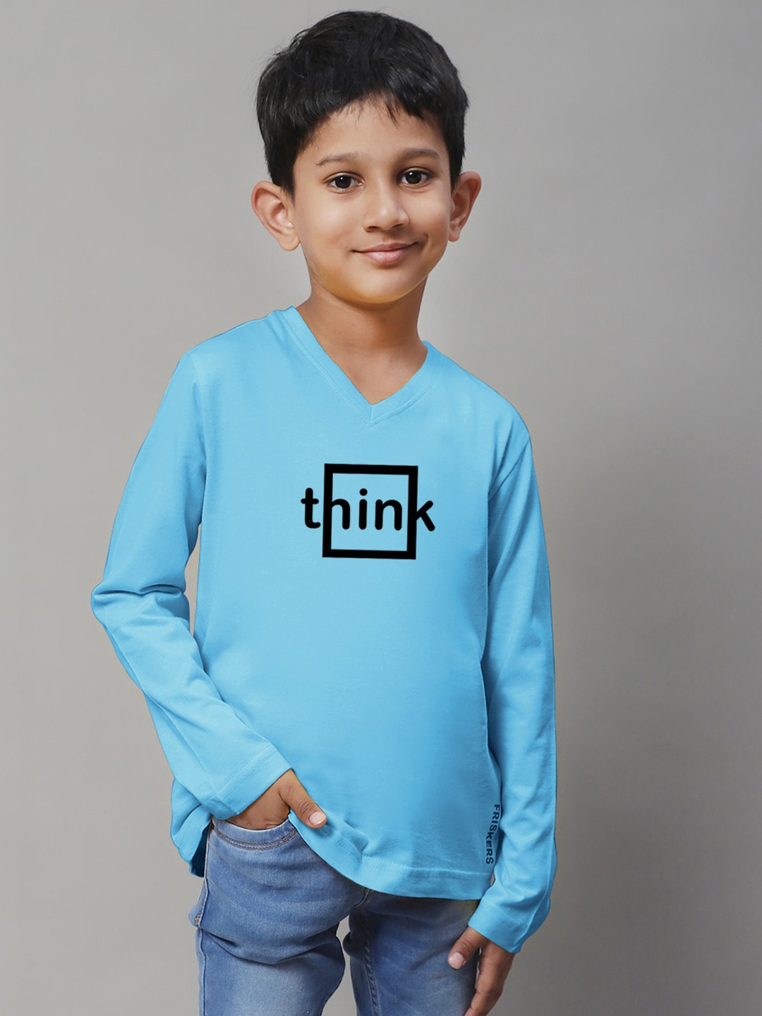 

Friskers Boys Turquoise Blue Typography Printed V-Neck Applique T-shirt