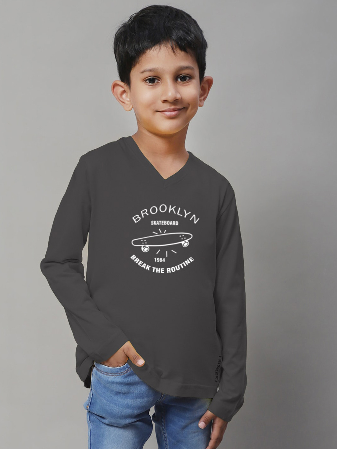 

Friskers Boys Grey Typography Printed V-Neck T-shirt