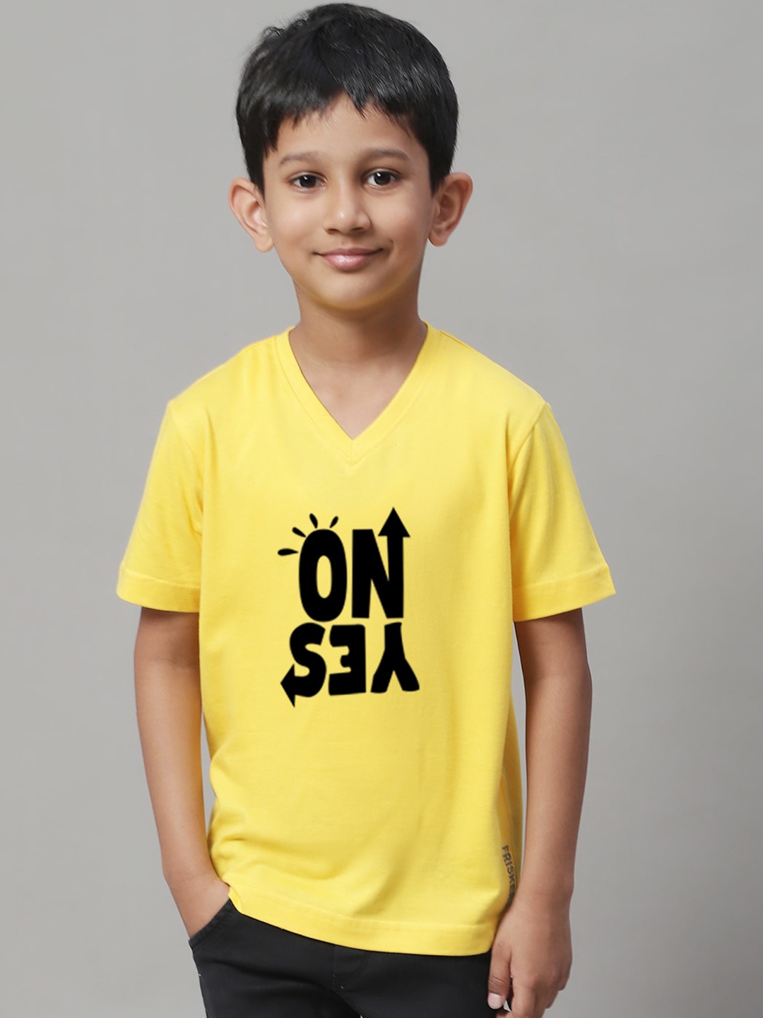 

Friskers Boys Yellow Typography Printed V-Neck Raw Edge T-shirt