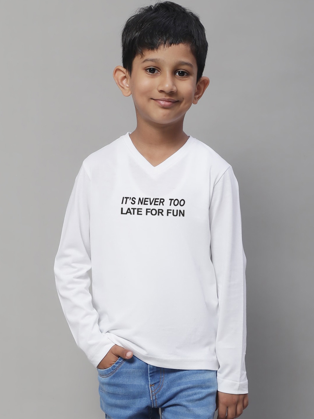 

Friskers Boys White Typography V-Neck T-shirt