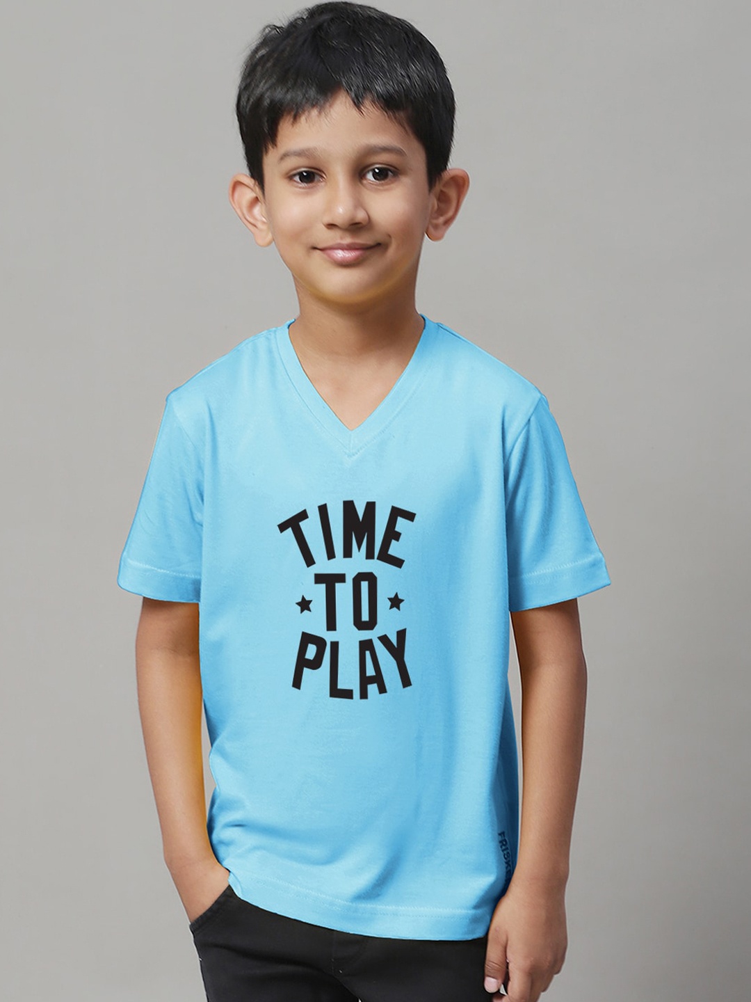 

Friskers Boys Turquoise Blue Typography Printed V-Neck Applique T-shirt