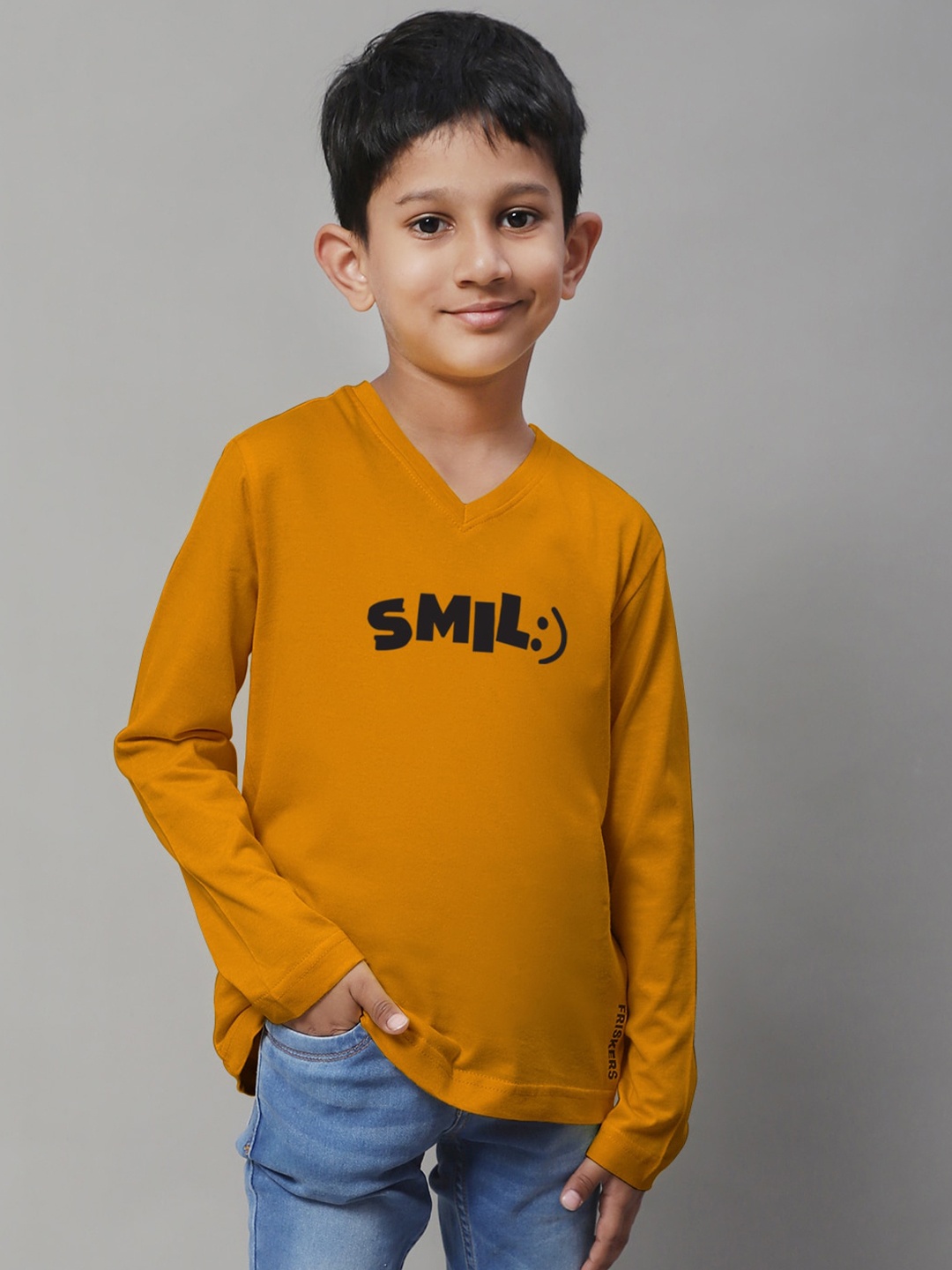 Friskers Boys Mustard Yellow Typography V-Neck Applique T-shirt