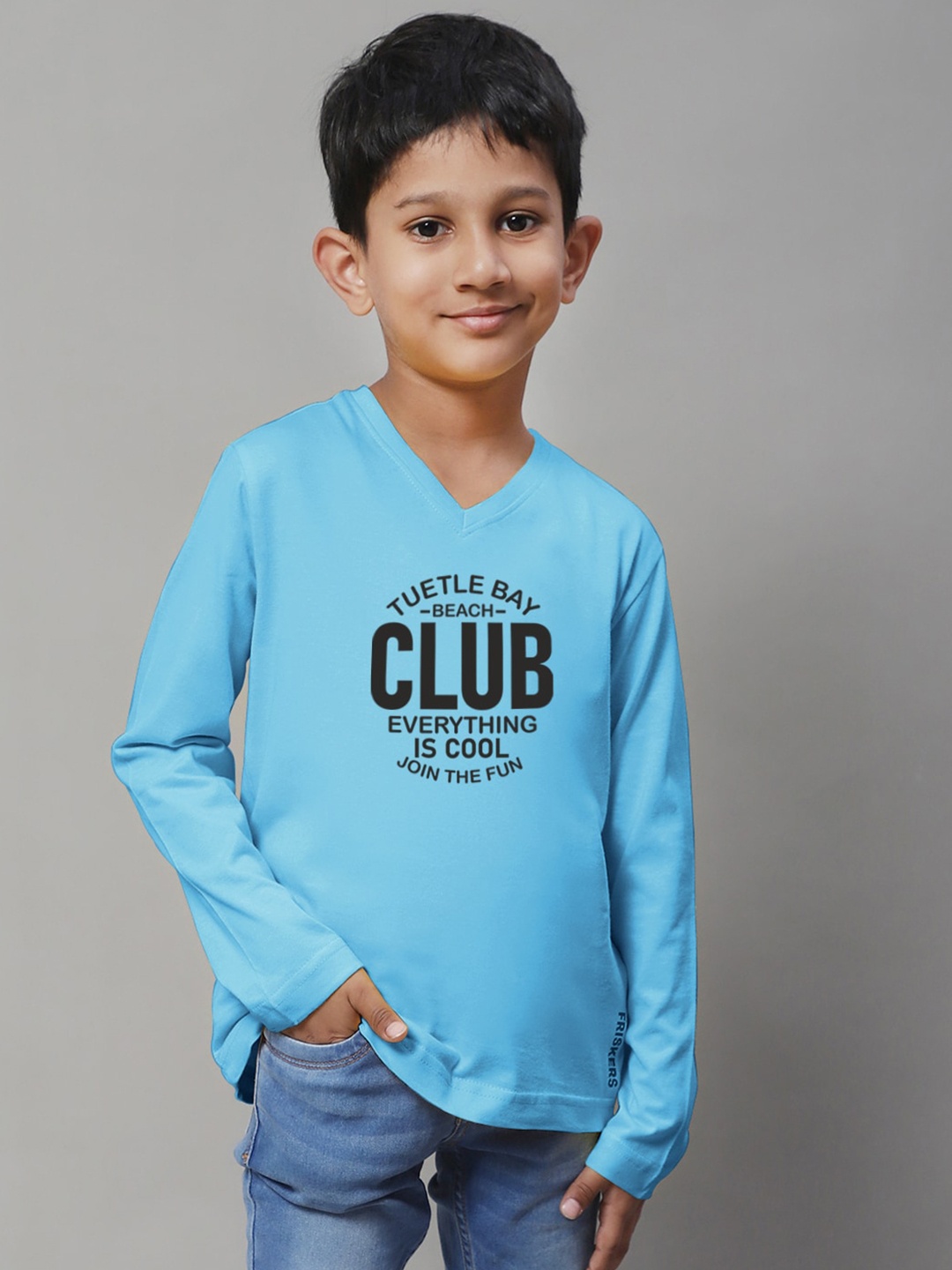 

Friskers Boys Turquoise Blue Typography Printed V-Neck T-shirt