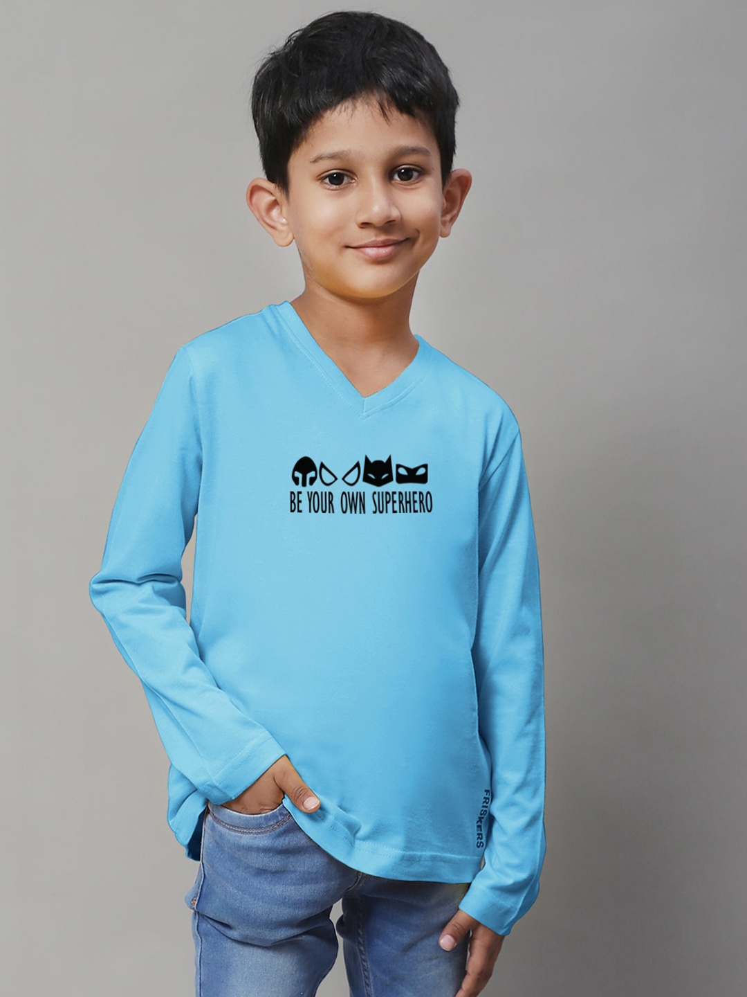 

Friskers Boys Turquoise Blue Typography Printed V-Neck T-shirt