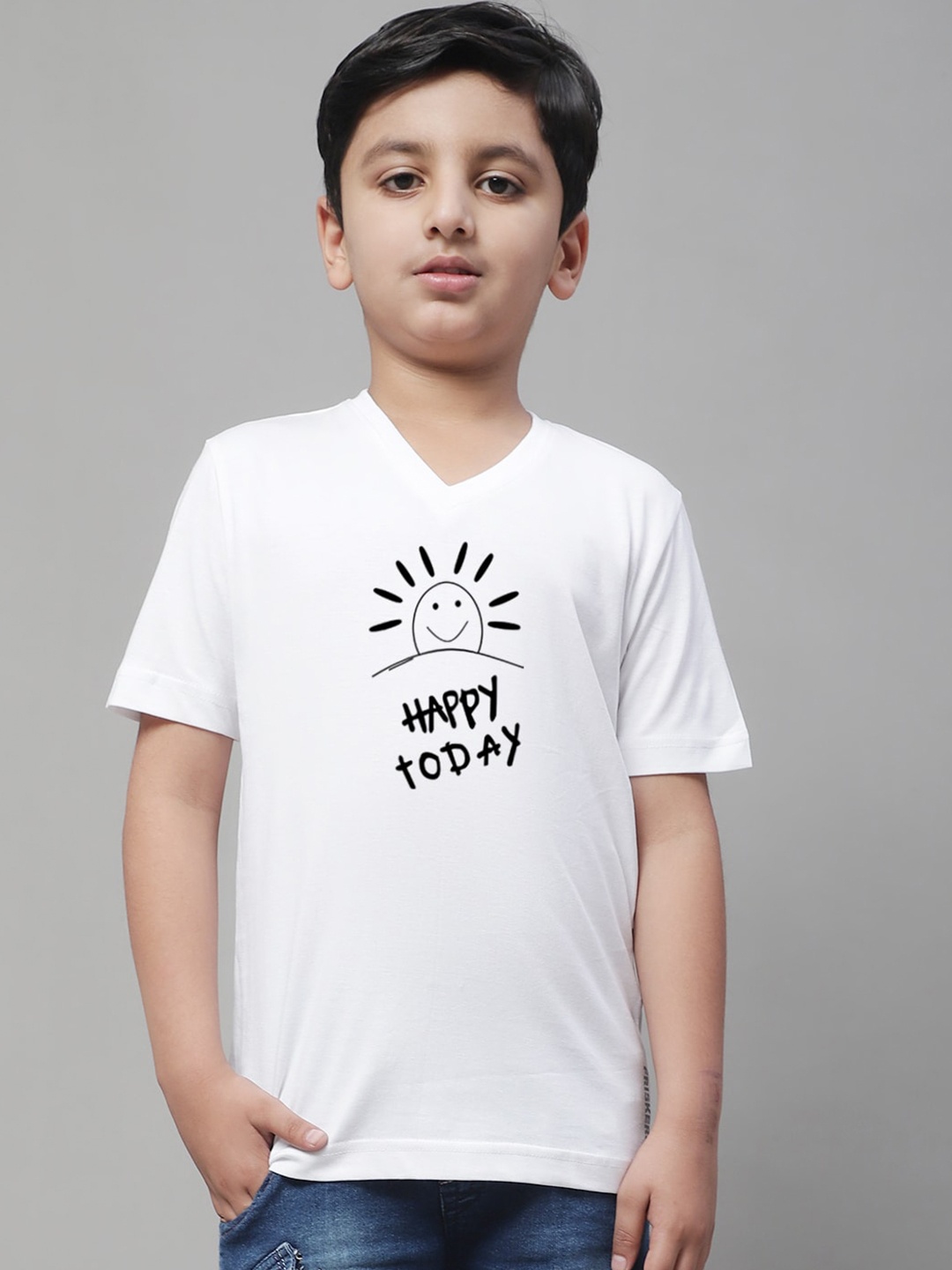 

Friskers Boys White Typography Printed V-Neck Raw Edge T-shirt