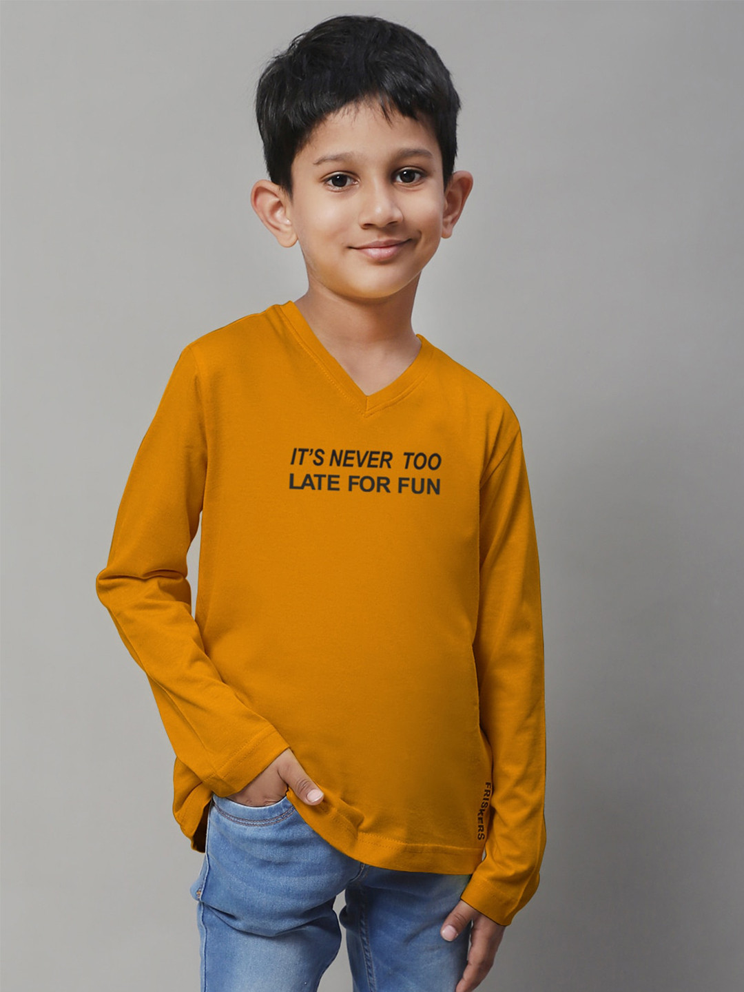 

Friskers Boys Mustard Yellow Typography Printed V-Neck T-shirt