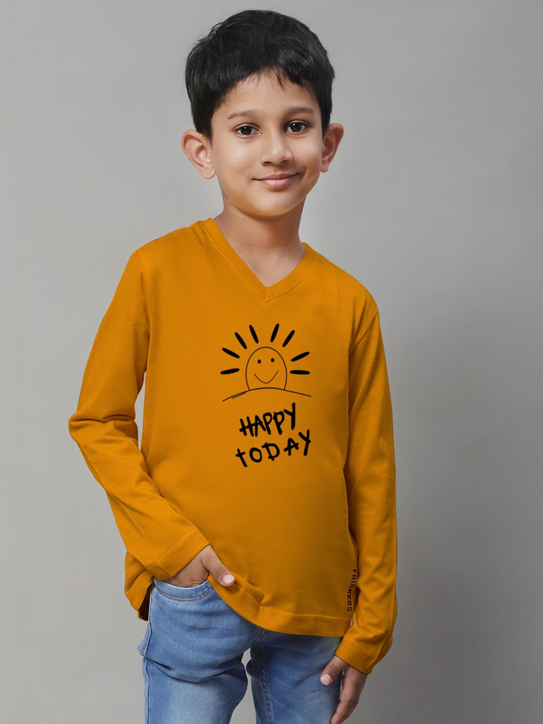 Friskers Boys Mustard Yellow Typography Printed V-Neck Applique T-shirt