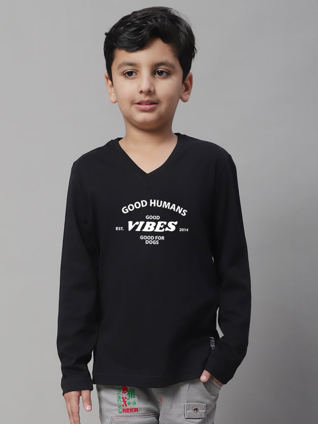 

Friskers Boys Black Typography Printed V-Neck T-shirt