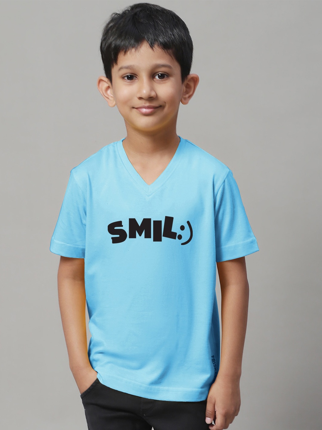 

Friskers Boys Turquoise Blue Typography Printed V-Neck Applique T-shirt