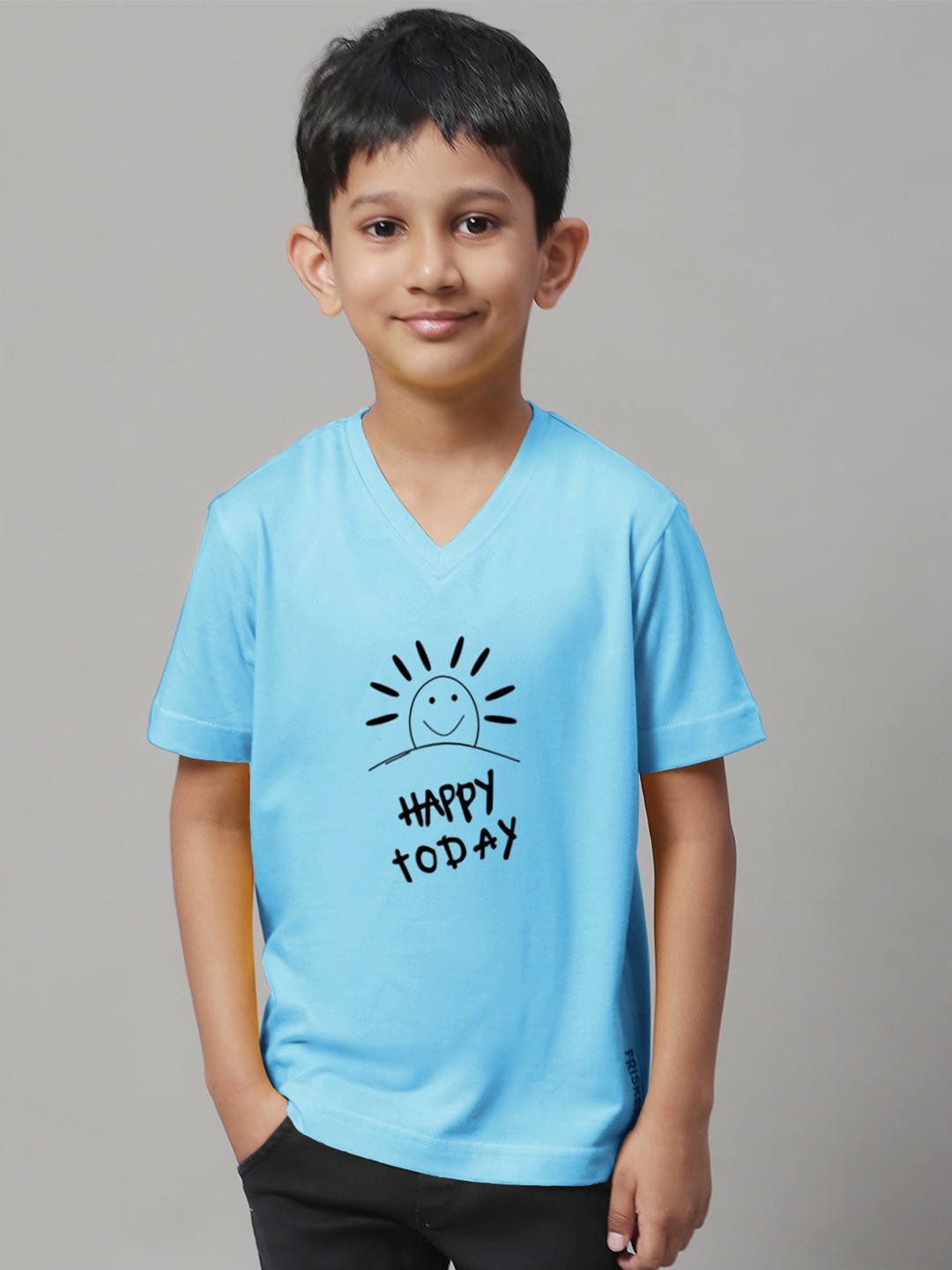 

Friskers Boys Turquoise Blue Typography Printed V-Neck Raw Edge T-shirt