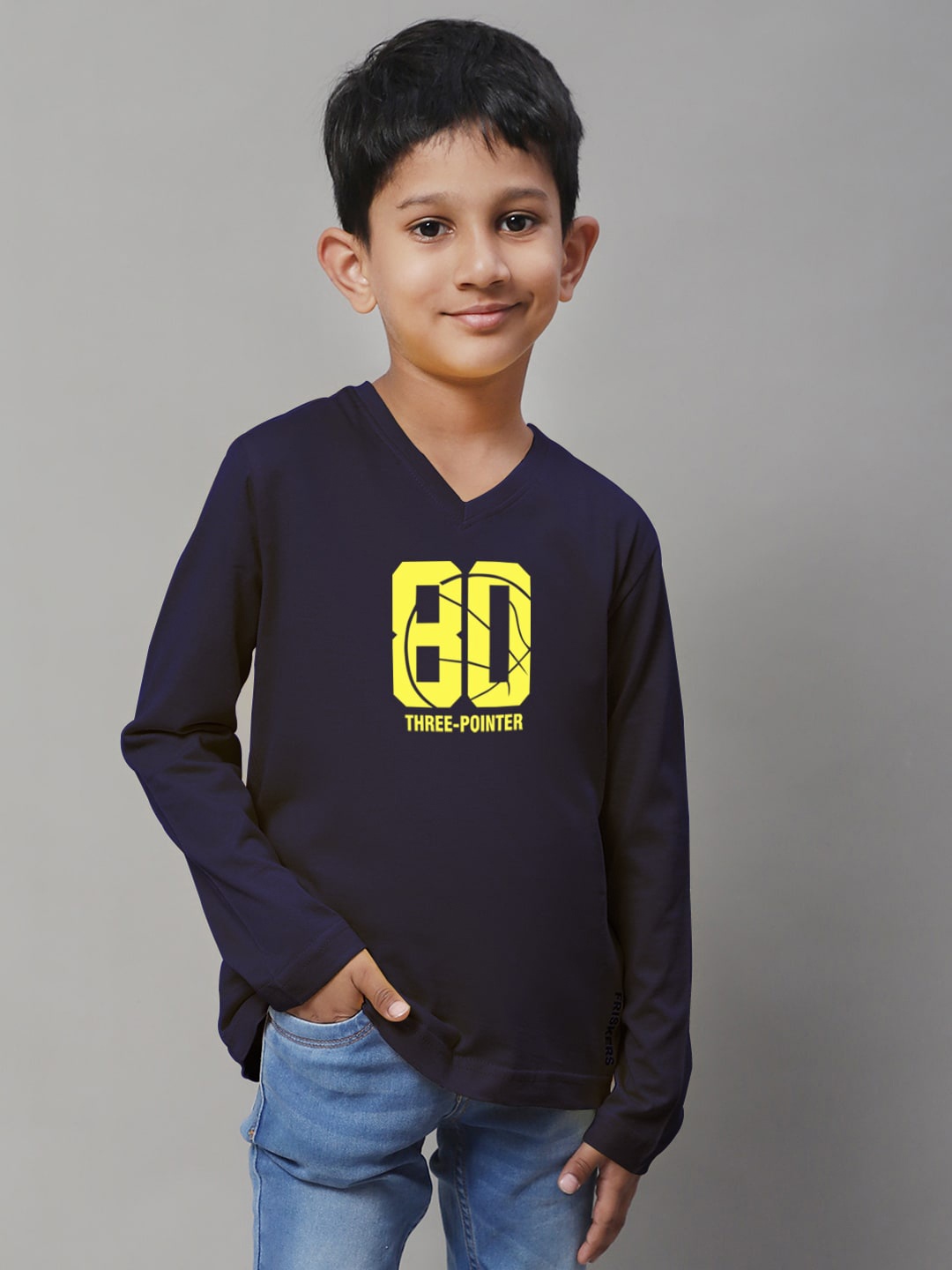 

Friskers Boys Navy Blue Printed V-Neck Applique T-shirt