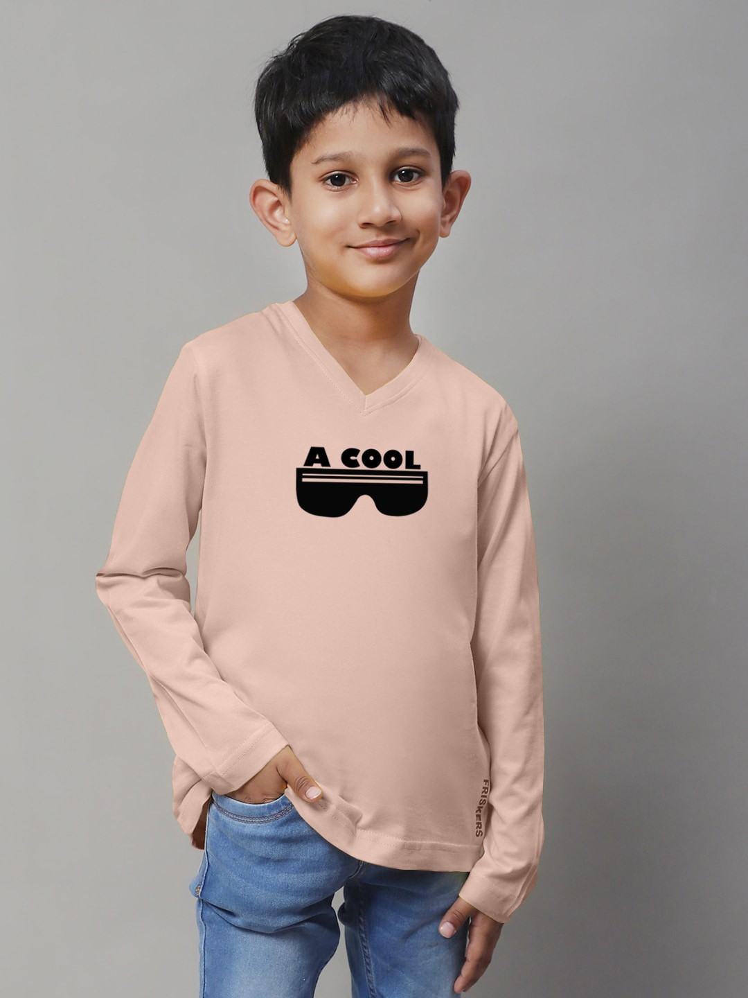 

Friskers Boys Coral Typography V-Neck Applique T-shirt