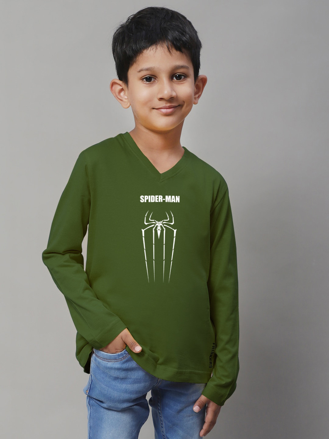 

Friskers Boys Olive Green Typography Printed V-Neck Applique T-shirt
