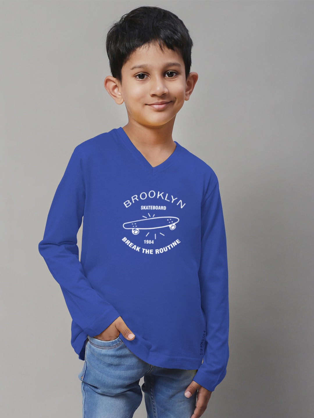 

Friskers Boys Blue Typography Printed V-Neck T-shirt