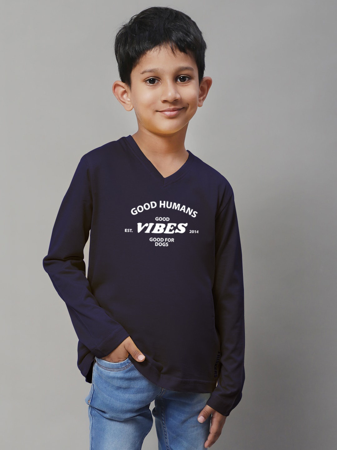 

Friskers Boys Navy Blue Typography Printed V-Neck T-shirt