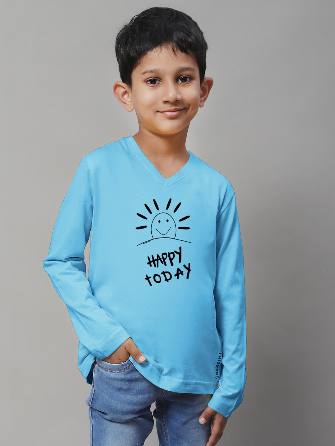 

Friskers Boys Turquoise Blue Typography Printed V-Neck Applique T-shirt