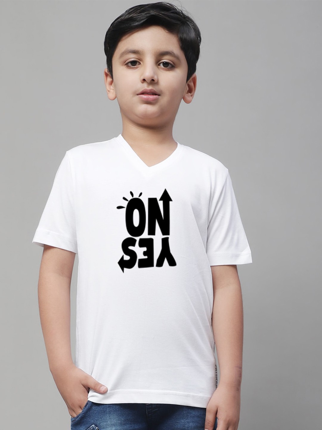 

Friskers Boys White Typography Printed V-Neck Applique T-shirt