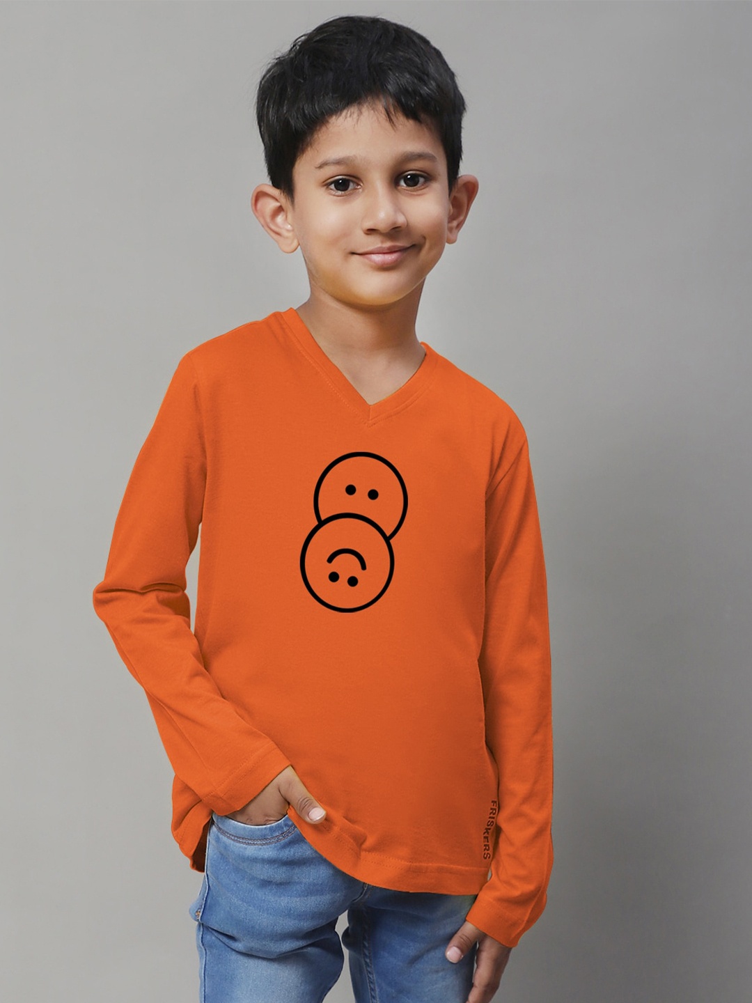 Friskers Boys Orange Typography Printed V-Neck Applique T-shirt