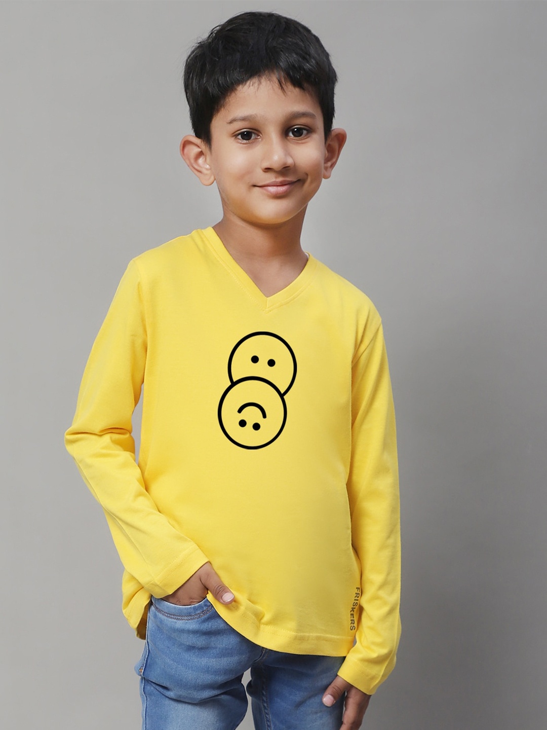 

Friskers Boys Yellow Typography Printed V-Neck Applique T-shirt