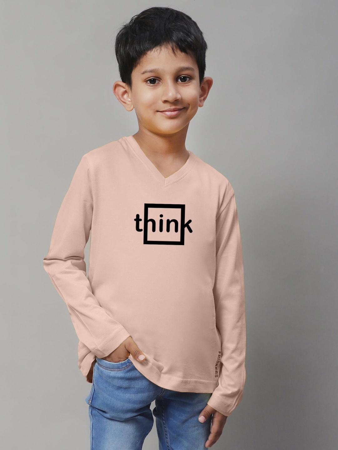 Friskers Boys Coral Typography Printed V-Neck Pockets T-shirt