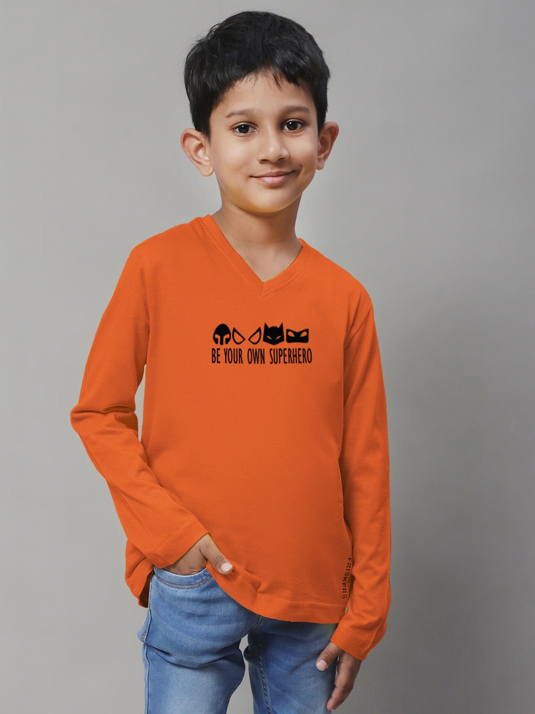 

Friskers Boys Orange Typography Printed V-Neck Applique T-shirt