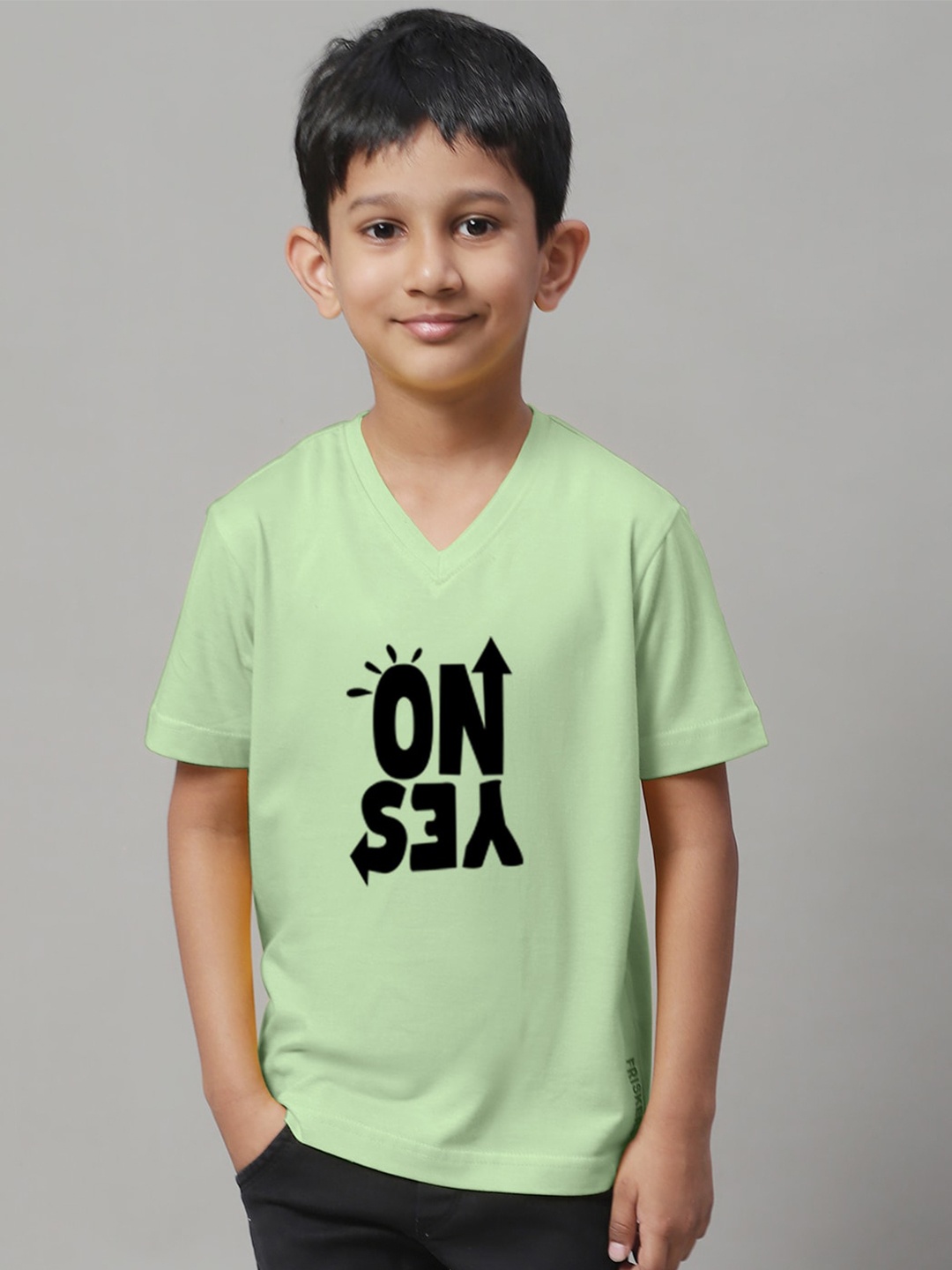 

Friskers Boys Sea Green Typography Printed V-Neck Raw Edge T-shirt