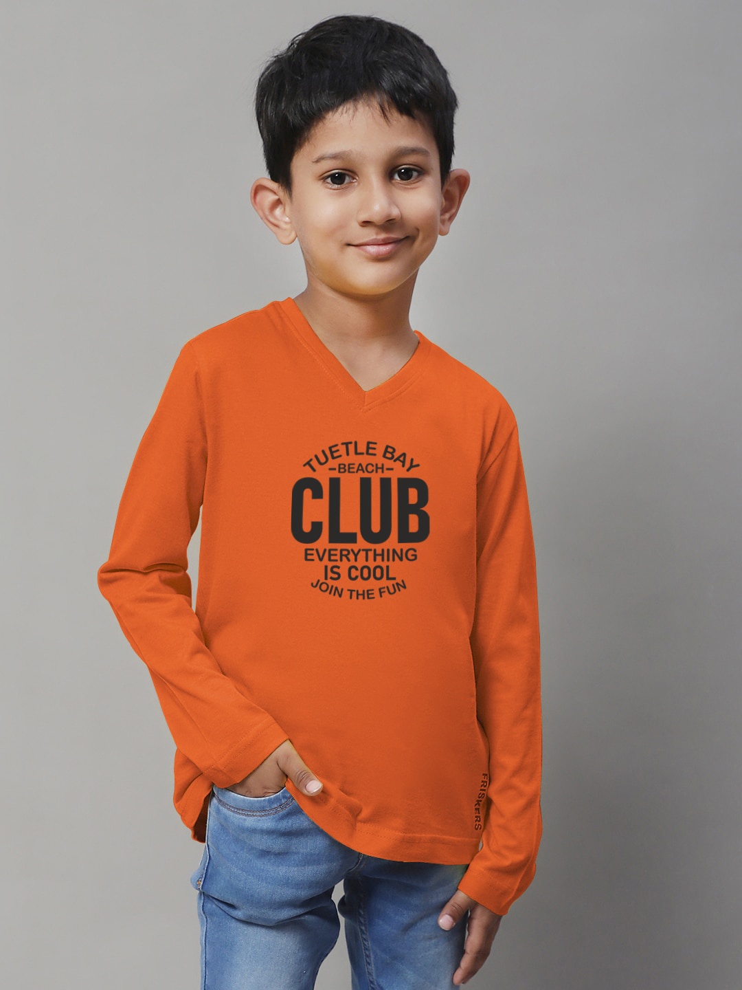 

Friskers Boys Orange Typography Printed V-Neck T-shirt