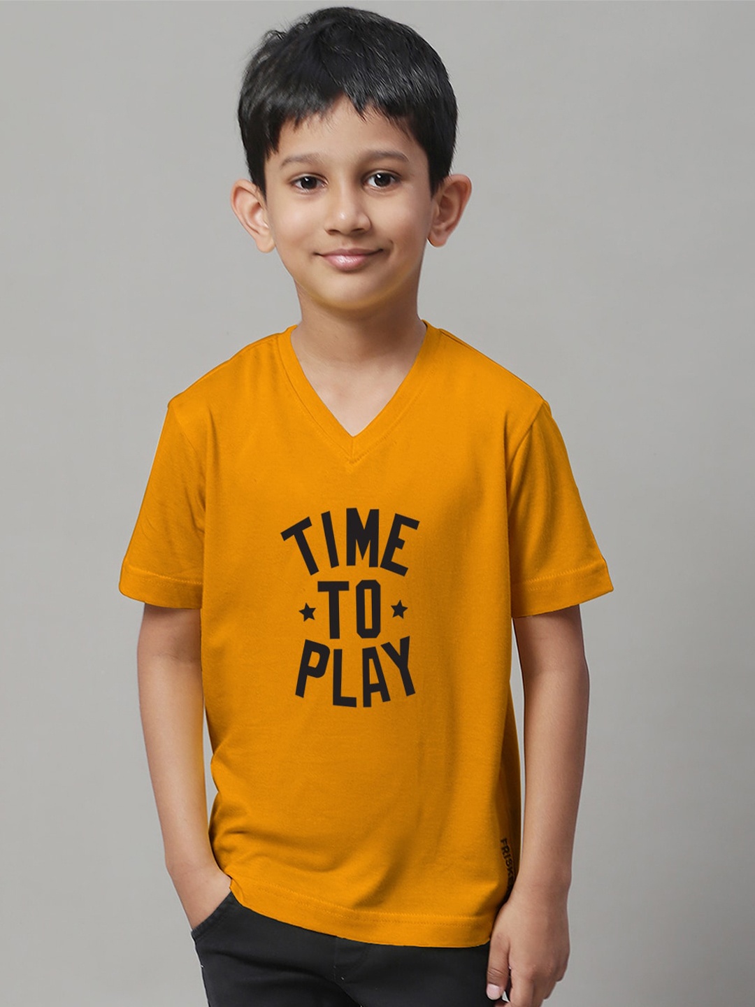 

Friskers Boys Mustard Yellow Typography Printed V-Neck Applique T-shirt