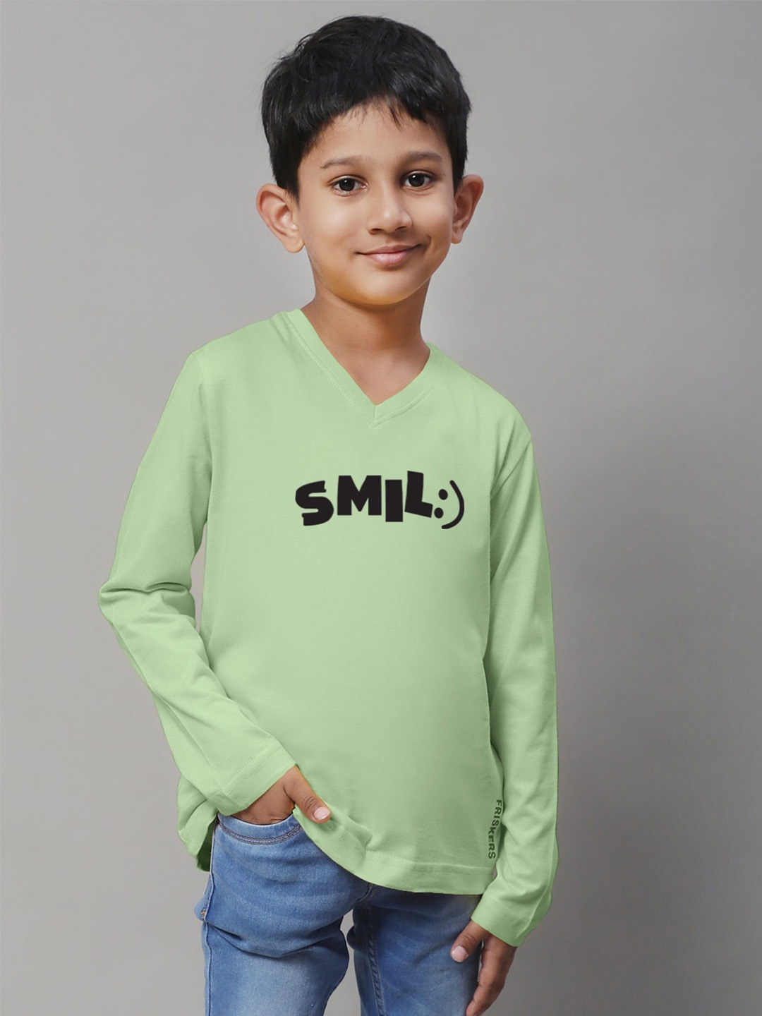 

Friskers Boys Sea Green Typography V-Neck Applique T-shirt