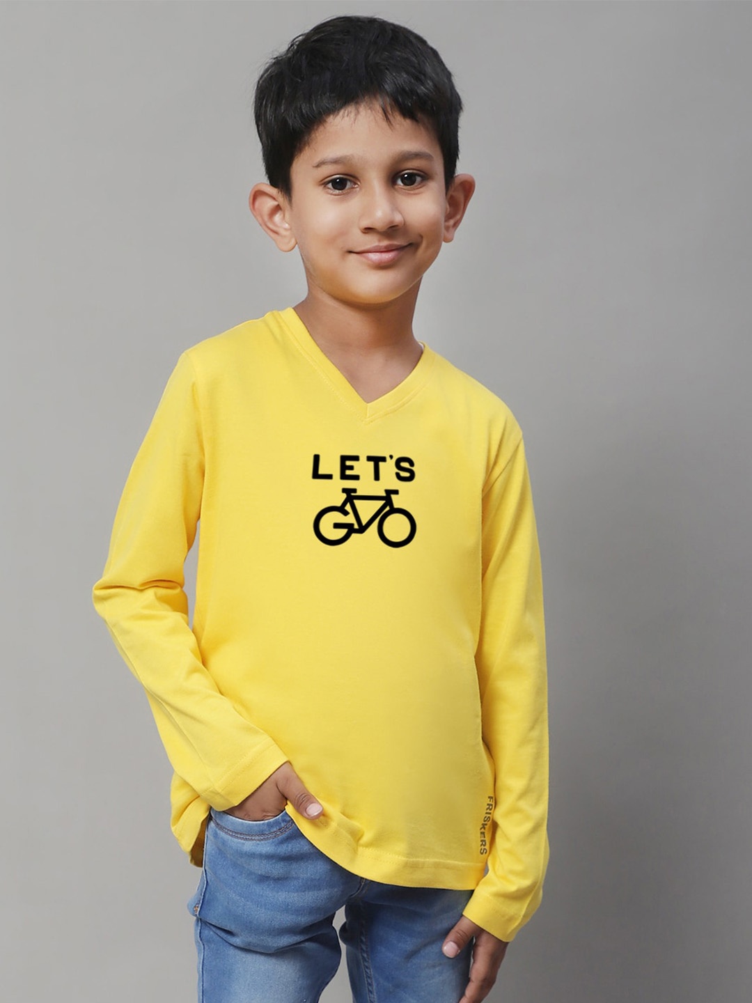 

Friskers Boys Yellow Typography Printed V-Neck Applique T-shirt