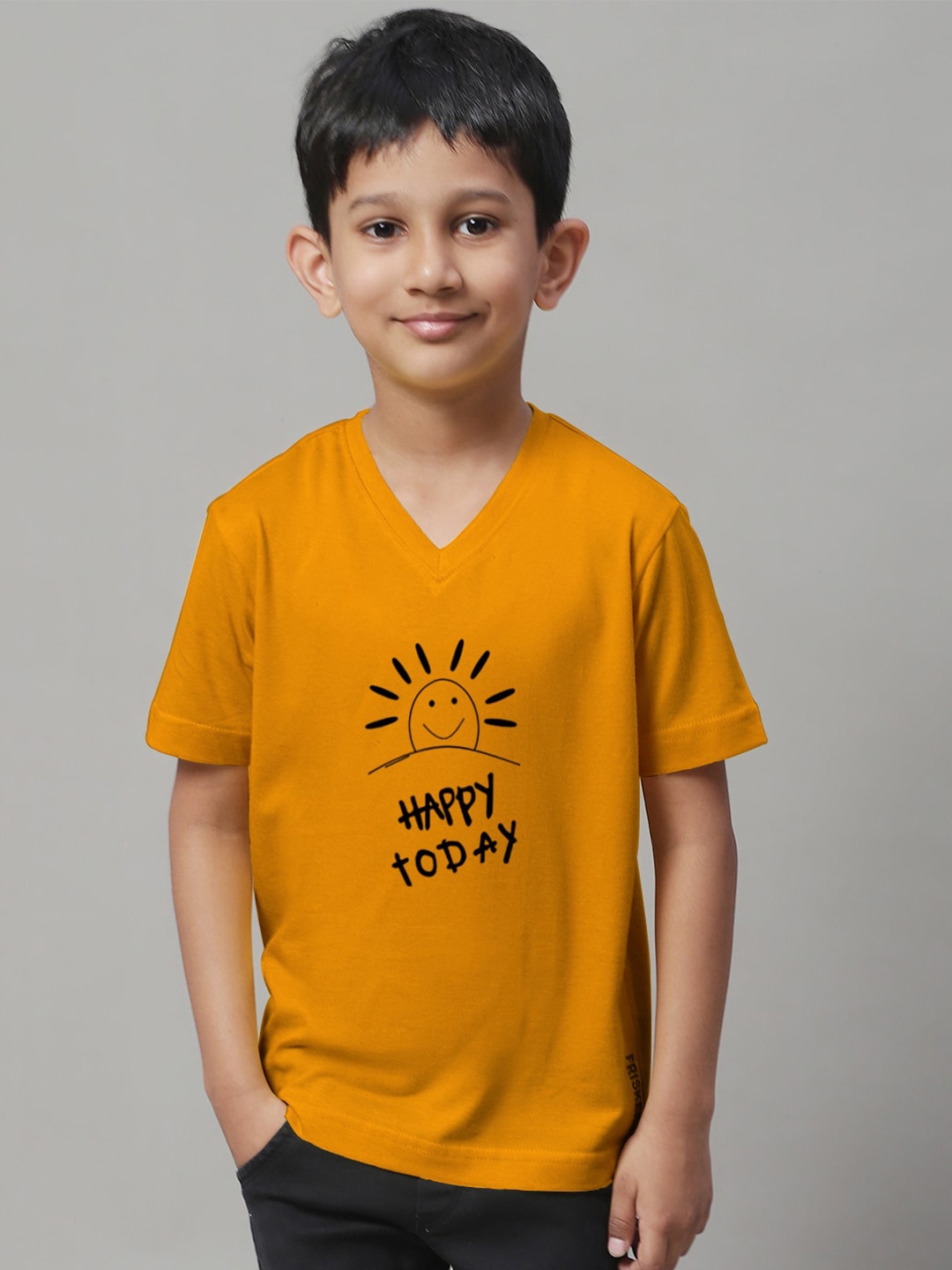 

Friskers Boys Mustard Yellow Typography Printed V-Neck Raw Edge T-shirt