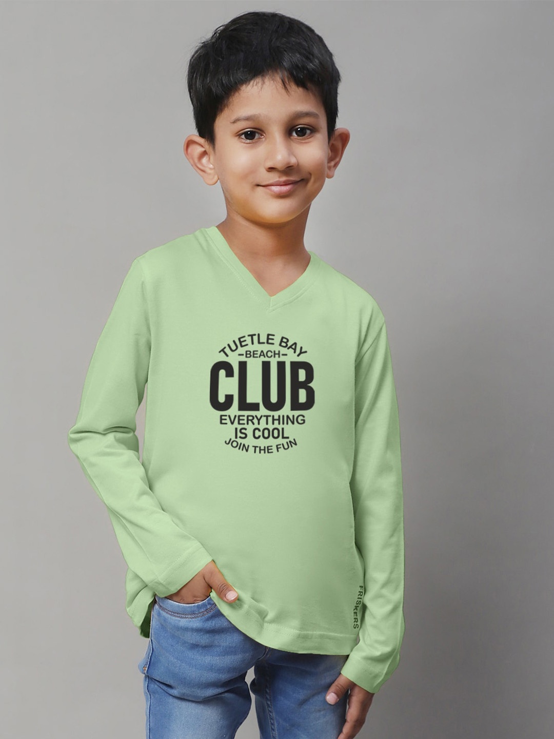 Friskers Boys Sea Green Typography Printed V-Neck T-shirt