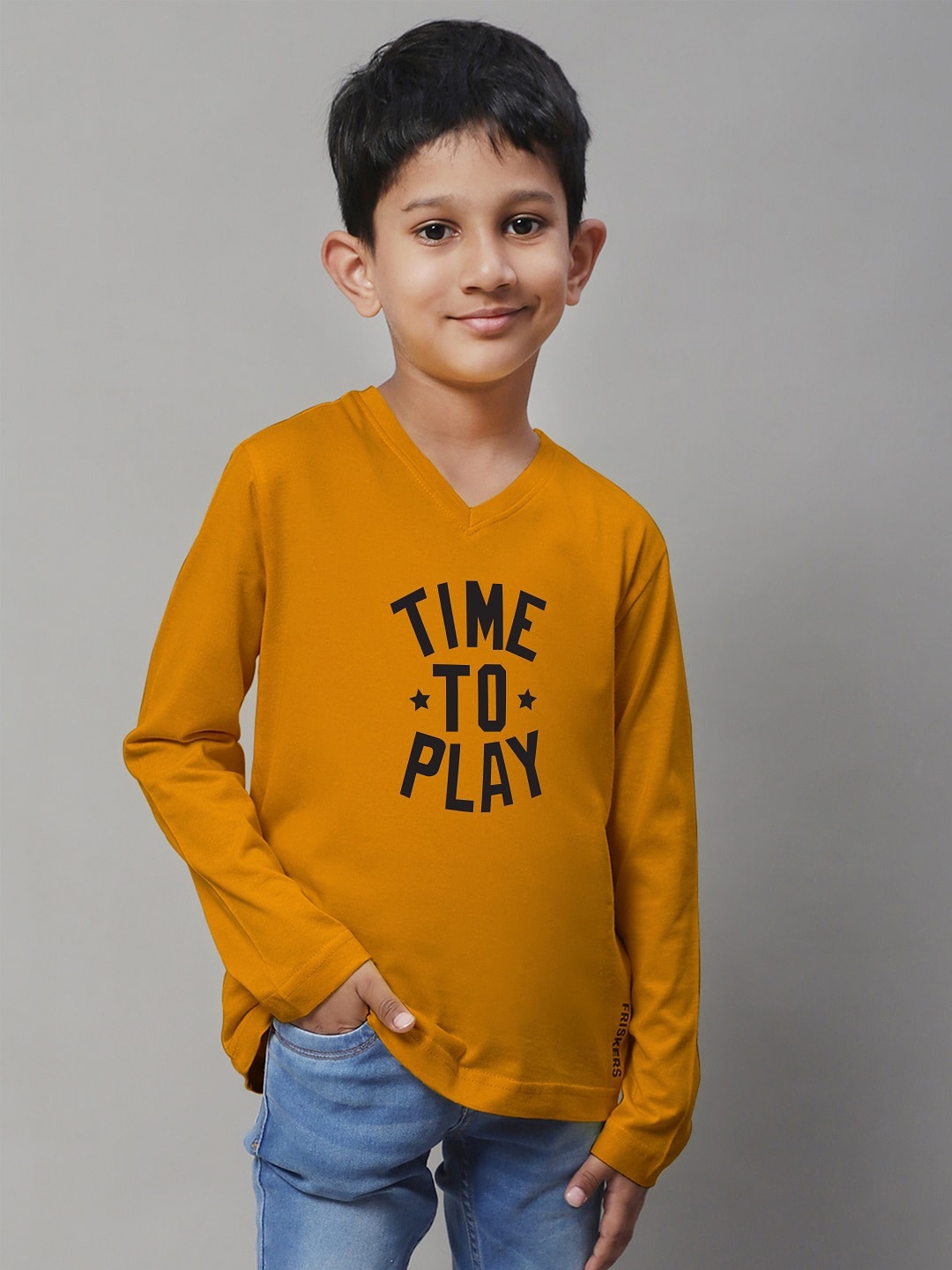 Friskers Boys Mustard Yellow Typography Printed V-Neck Applique T-shirt